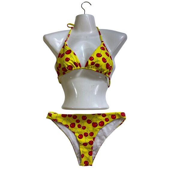 Yellow Red Cherry Print Triangle Bikini 3 Piece Set Large Swimwear 2 Bottoms Y2K - Picture 1 of 6